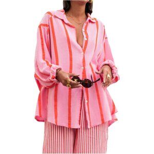 Plus Size Striped Button Down Shirt Long Sleeve Oversized Boho Renaissance